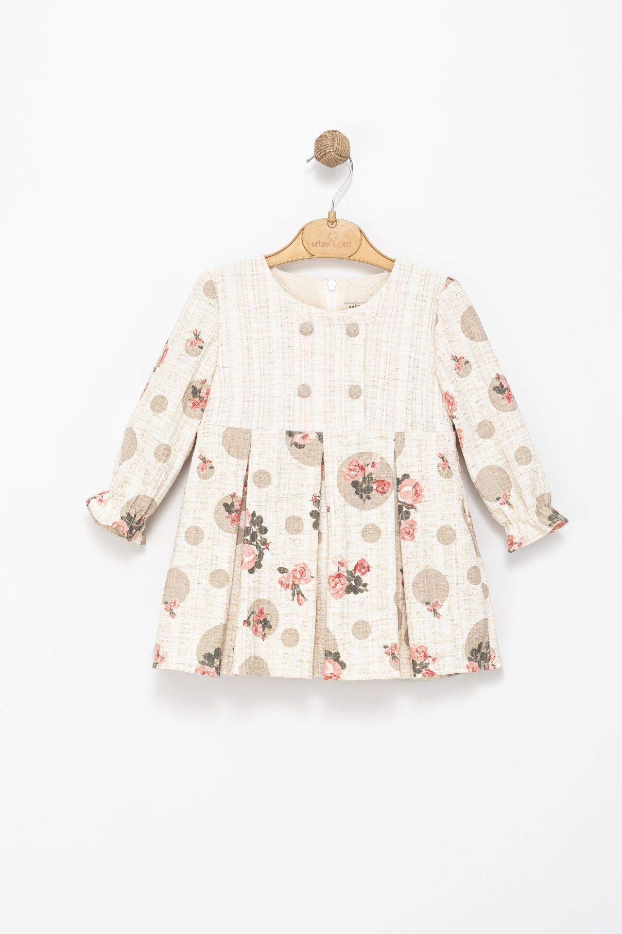 Kız Çocuk Puantiyeli Çiçek Desenli Elbise – Krem / Gül Desen