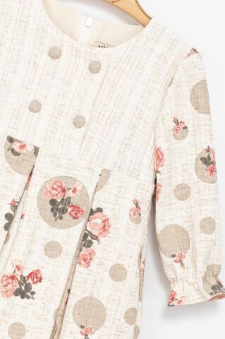 Kız Çocuk Puantiyeli Çiçek Desenli Elbise – Krem / Gül Desen