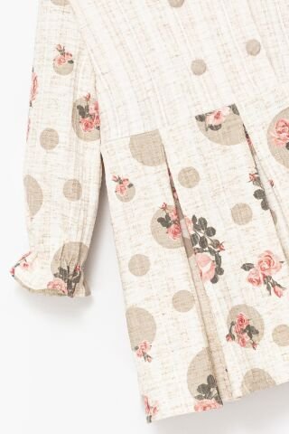 Kız Çocuk Puantiyeli Çiçek Desenli Elbise – Krem / Gül Desen