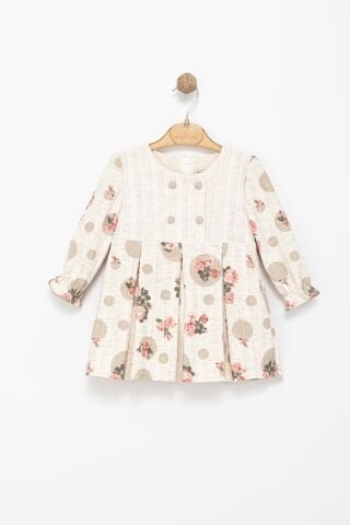 Kız Çocuk Puantiyeli Çiçek Desenli Elbise – Krem / Gül Desen