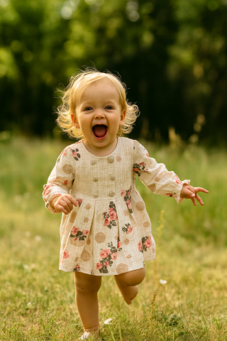 Kız Çocuk Puantiyeli Çiçek Desenli Dokuma Elbise – Krem / Gül Desen