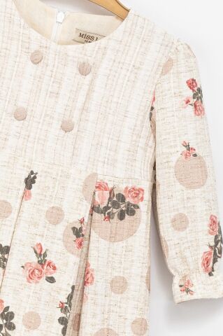 Kız Çocuk Puantiyeli Çiçek Desenli Dokuma Elbise – Krem / Gül Desen