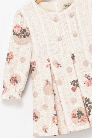 Kız Çocuk Puantiyeli Çiçek Desenli Dokuma Elbise – Krem / Gül Desen
