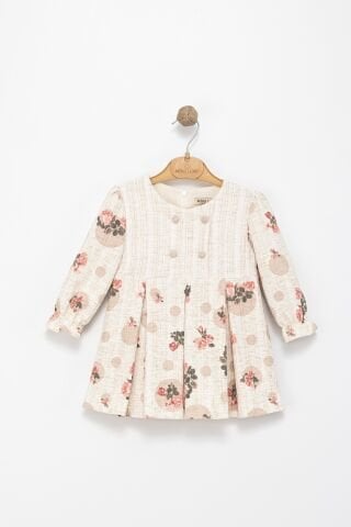 Kız Çocuk Puantiyeli Çiçek Desenli Dokuma Elbise – Krem / Gül Desen